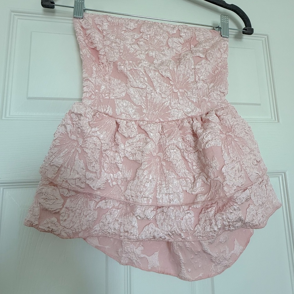 Strapless Jacquard Peplum Mini Dress Blush Pink Bow Back